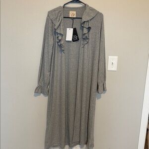 Chaser Ruffle Trim Belted Cardigan Ribbed Knit Longline Open Front NWT SZ SM